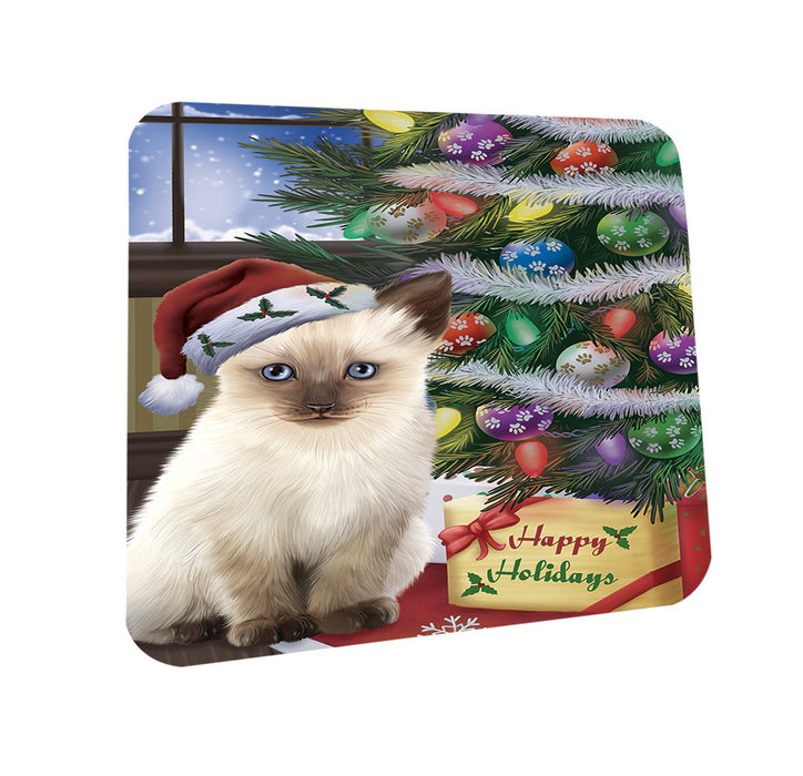 Christmas Happy Holidays Siamese Cat with Tree and Presents Coasters Set of 4 CST53429