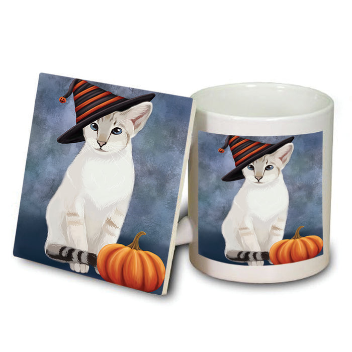 Happy Halloween Siamese Cat Wearing Witch Hat with Pumpkin Mug and Coaster Set MUC54902