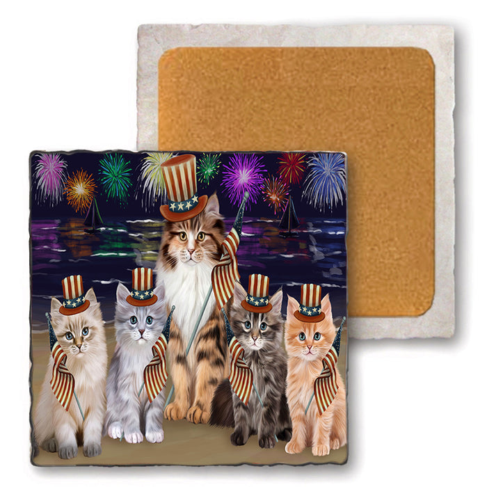 4th of July Independence Day Firework Siamese Cats Set of 4 Natural Stone Marble Tile Coasters MCST51848