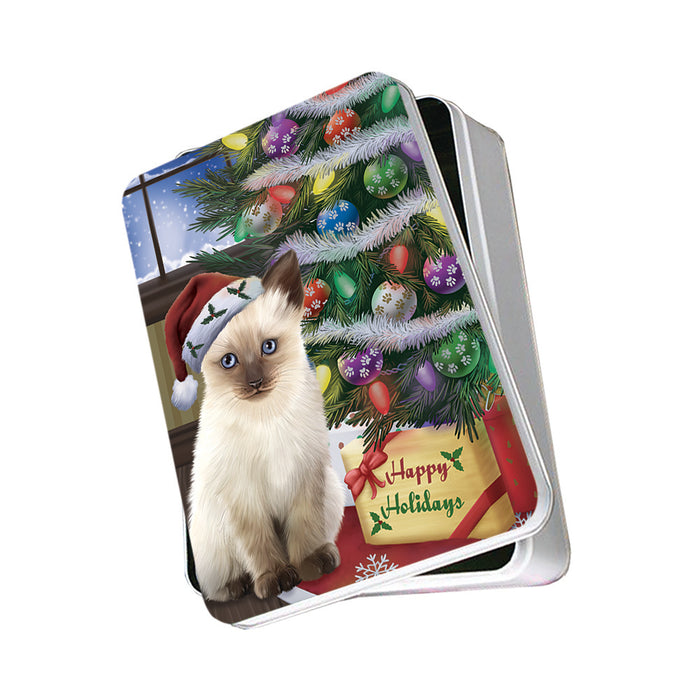 Christmas Happy Holidays Siamese Cat with Tree and Presents Photo Storage Tin PITN53471