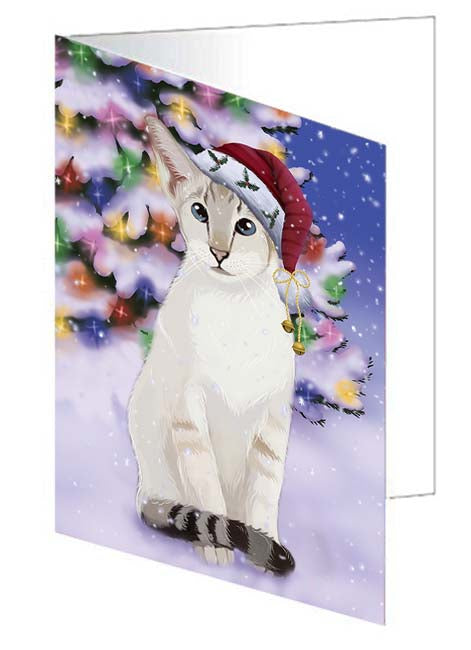 Winterland Wonderland Siamese Cat In Christmas Holiday Scenic Background Handmade Artwork Assorted Pets Greeting Cards and Note Cards with Envelopes for All Occasions and Holiday Seasons GCD71684