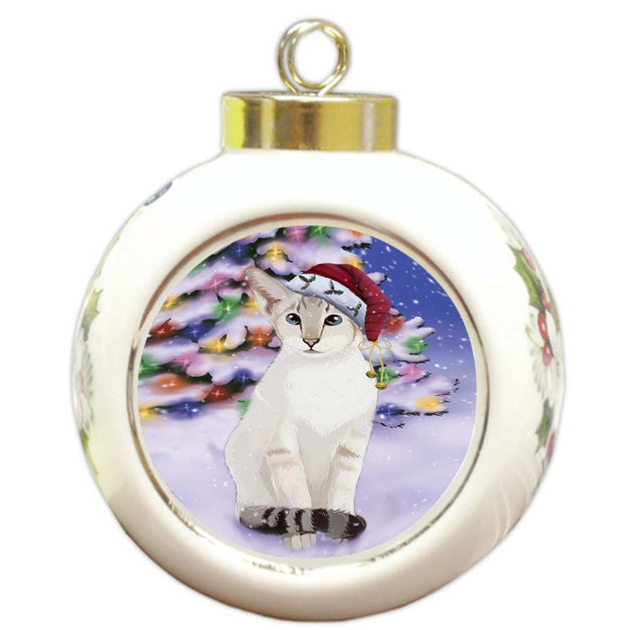 Winterland Wonderland Siamese Cat In Christmas Holiday Scenic Background Round Ball Christmas Ornament RBPOR56079