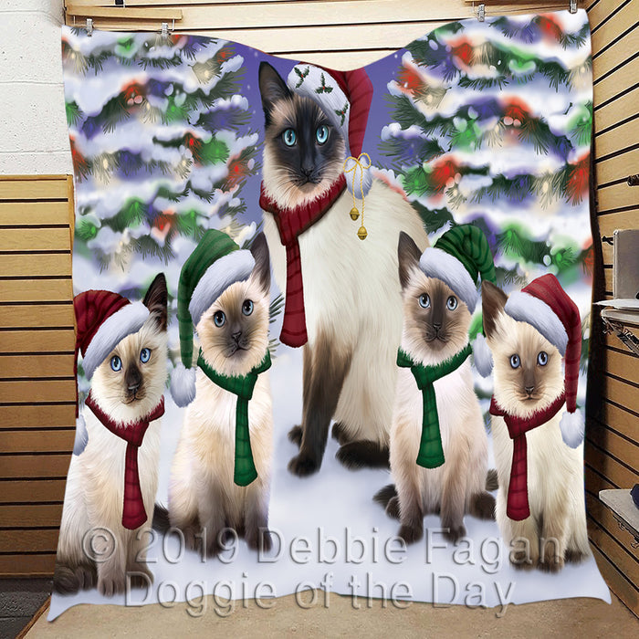 Siamese Cats Christmas Family Portrait in Holiday Scenic Background Quilt