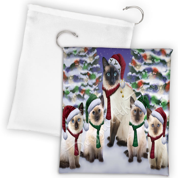 Siamese Cats Christmas Family Portrait in Holiday Scenic Background Drawstring Laundry or Gift Bag LGB48177