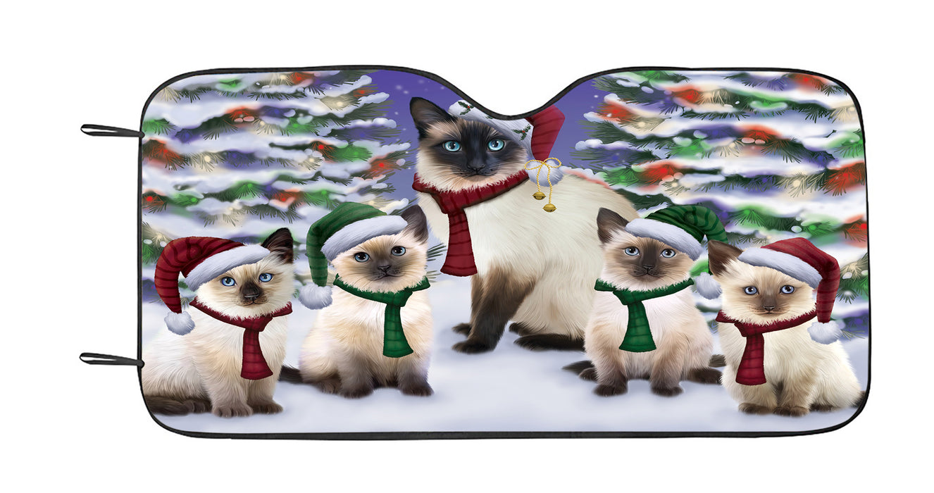 Siamese Cats Christmas Family Portrait in Holiday Scenic Background Car Sun Shade