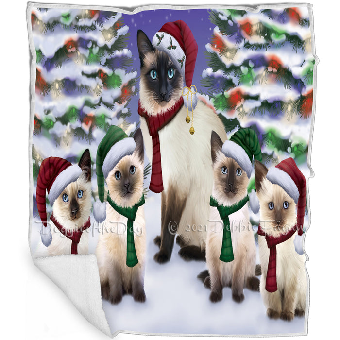 Siamese Cats Christmas Family Portrait in Holiday Scenic Background  Blanket BLNKT90759