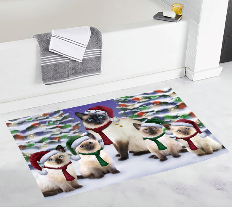Siamese Cats Christmas Family Portrait in Holiday Scenic Background Bath Mat