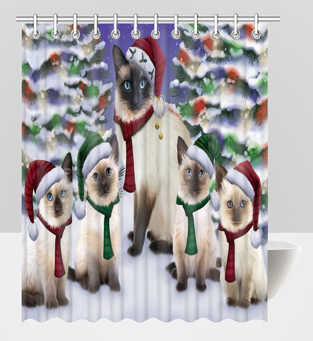 Siamese Cats Christmas Family Portrait in Holiday Scenic Background Shower Curtain
