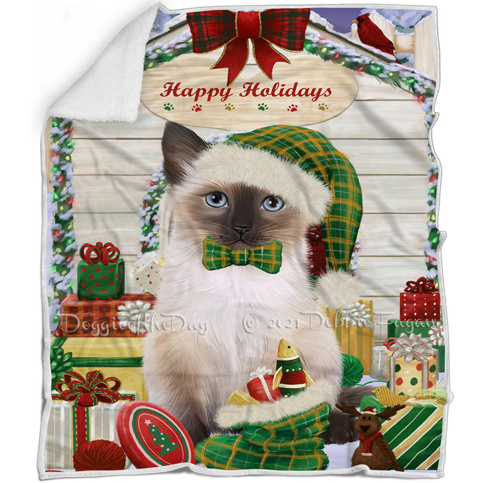 Happy Holidays Christmas Siamese Cat House with Presents Blanket BLNKT142110