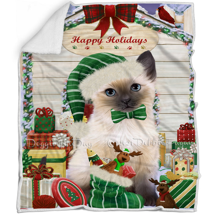 Happy Holidays Christmas Siamese Cat House with Presents Blanket BLNKT142111