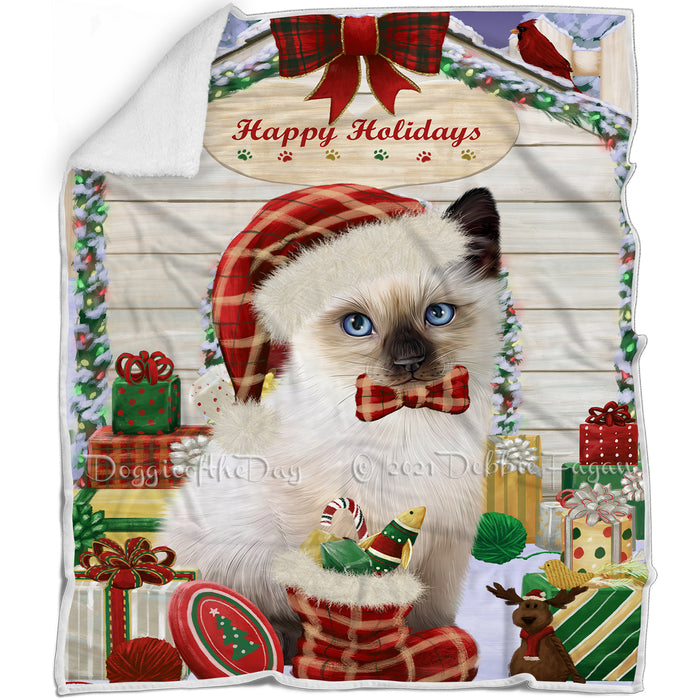 Happy Holidays Christmas Siamese Cat House with Presents Blanket BLNKT142112