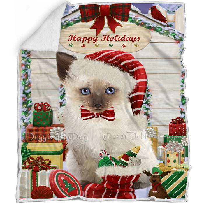 Happy Holidays Christmas Siamese Cat House with Presents Blanket BLNKT142113