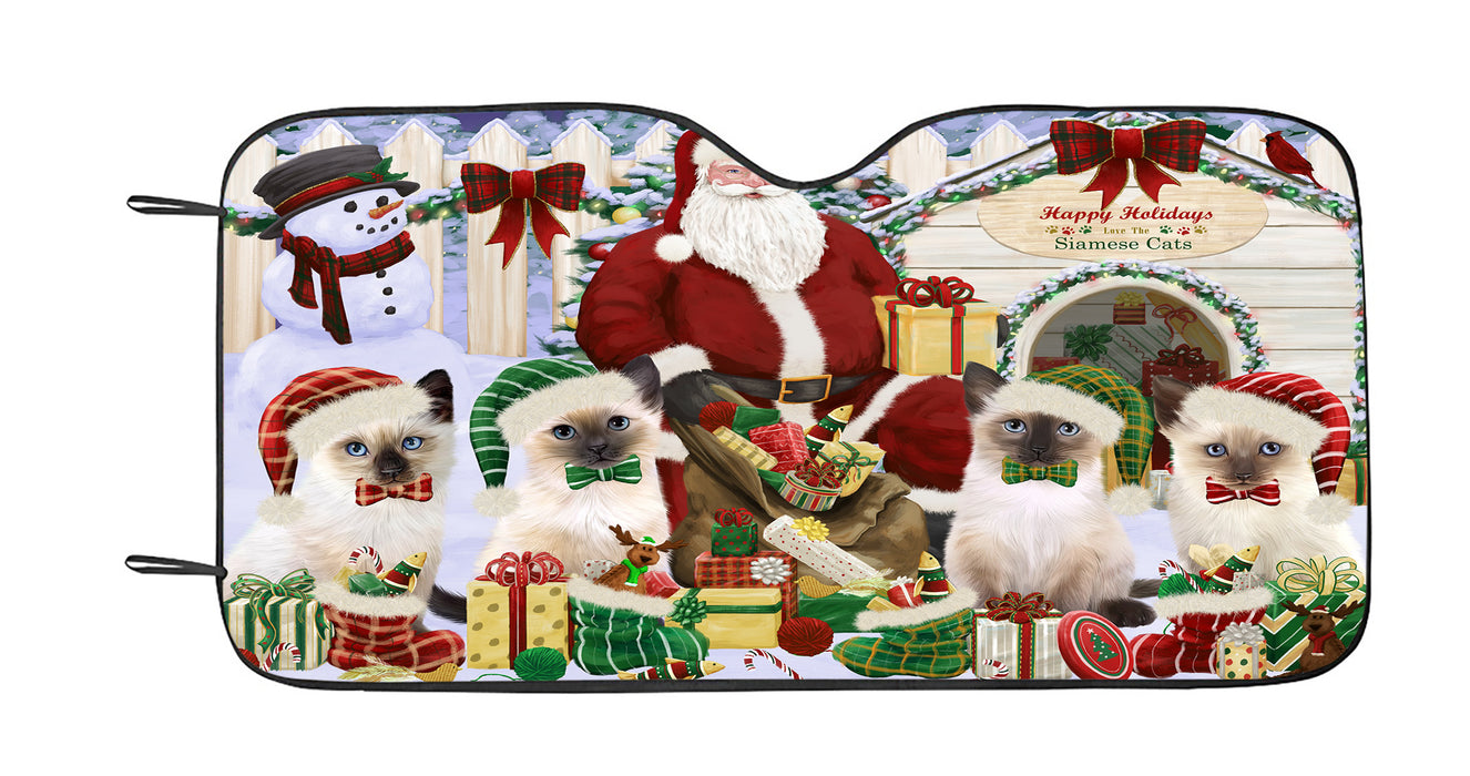 Happy Holidays Christmas Siamese Cats House Gathering Car Sun Shade