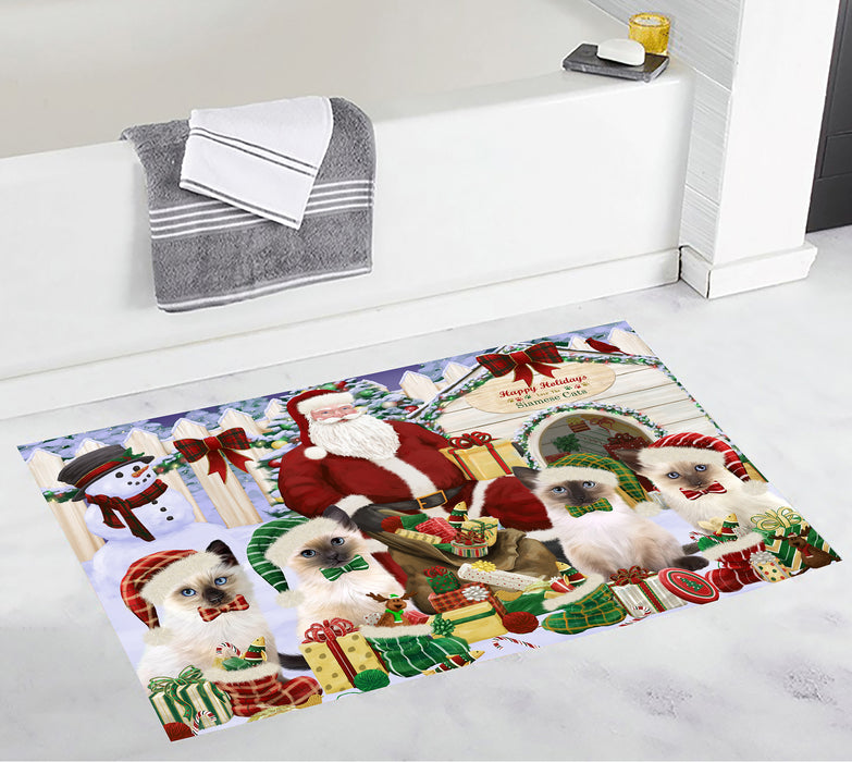 Happy Holidays Christma Siamese Cats House Gathering Bath Mat