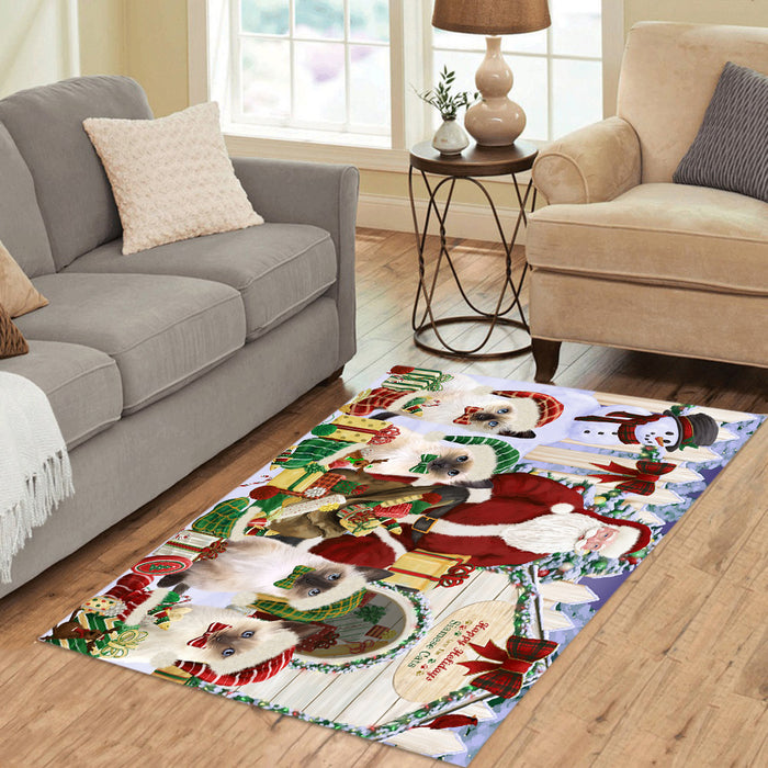 Happy Holidays Christma Siamese Cats House Gathering Area Rug