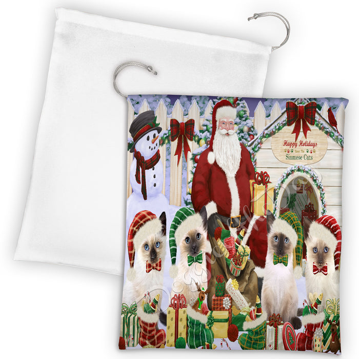 Happy Holidays Christmas Siamese Cats House Gathering Drawstring Laundry or Gift Bag LGB48081