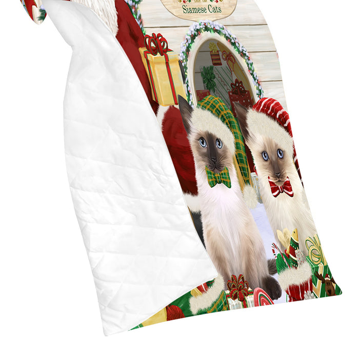 Happy Holidays Christmas Siamese Cats House Gathering Quilt