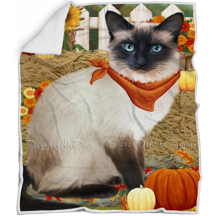Fall Autumn Greeting Siamese Cat with Pumpkins Blanket BLNKT87384