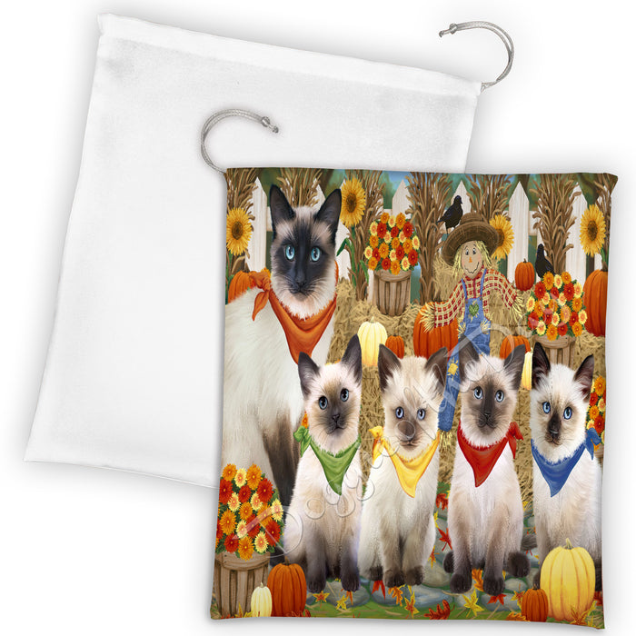 Fall Festive Harvest Time Gathering Siamese Cats Drawstring Laundry or Gift Bag LGB48439