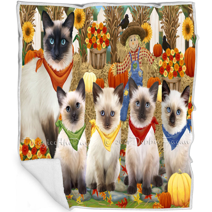 Fall Festive Gathering Siamese Cats with Pumpkins Blanket BLNKT142418