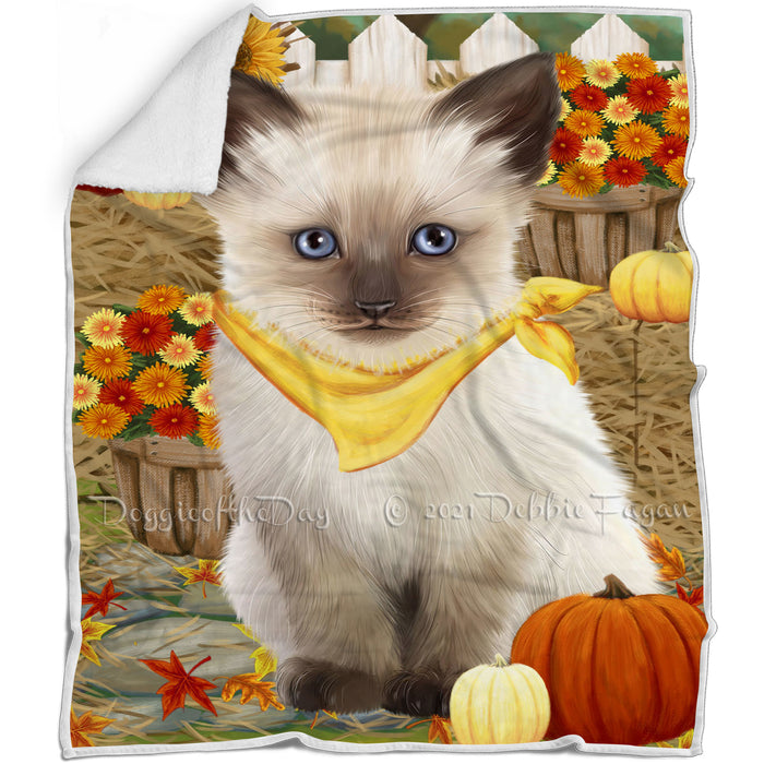 Fall Autumn Greeting Siamese Cat with Pumpkins Blanket BLNKT87393