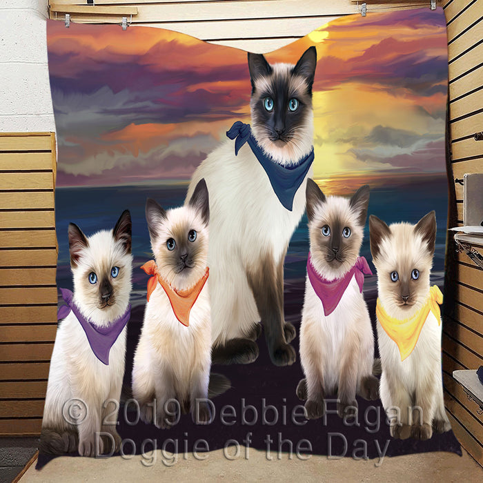 Family Sunset Portrait Siamese Cats Quilt