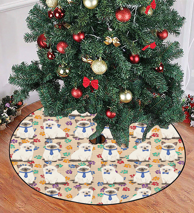 Rainbow Paw Print Siamese Cats Blue Christmas Tree Skirt
