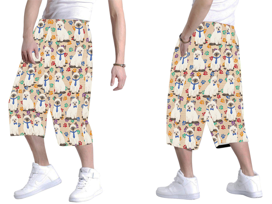 Rainbow Paw Print Siamese Cats Blue All Over Print Men's Baggy Shorts