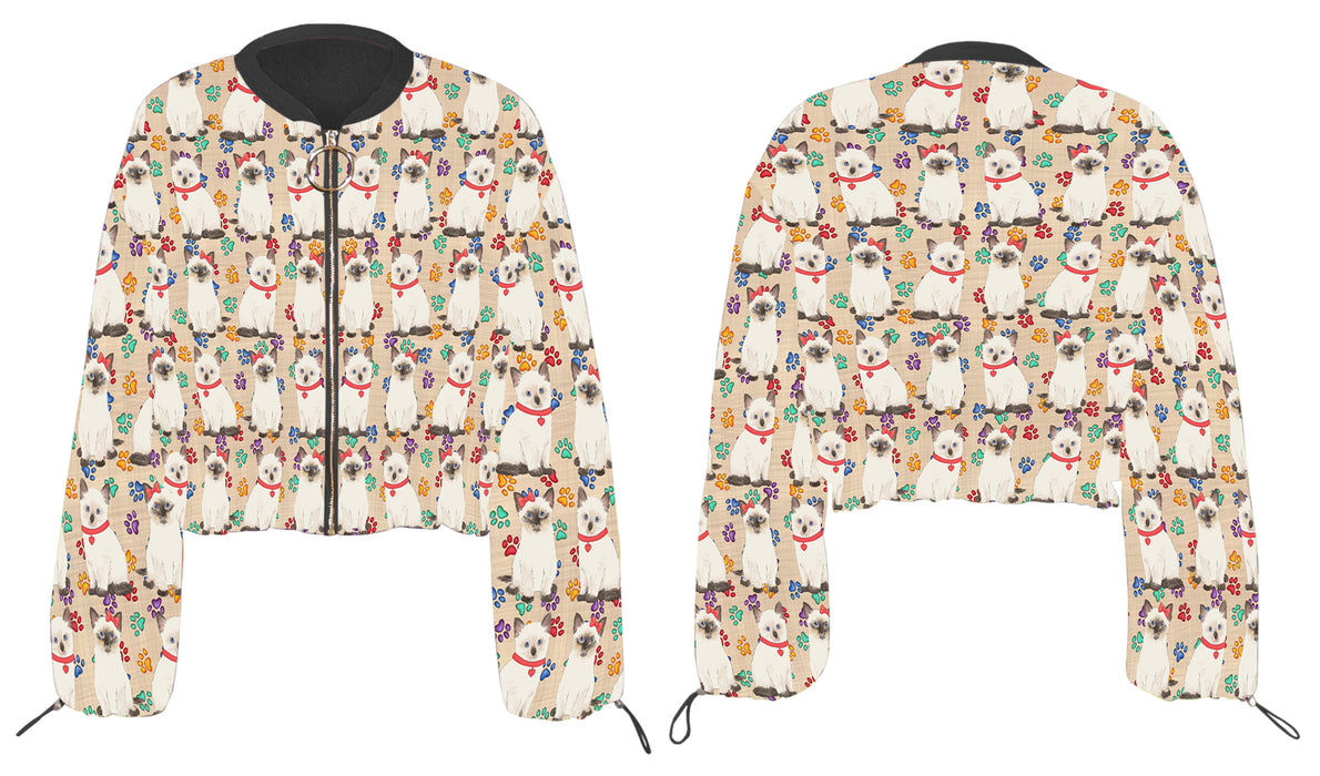 Rainbow Paw Print Siamese Cats Cropped Chiffon Women's Jacket WH50616