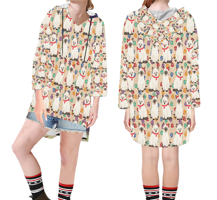 Rainbow Paw Print Siamese Cats Red Step Hem Women's Hoodie