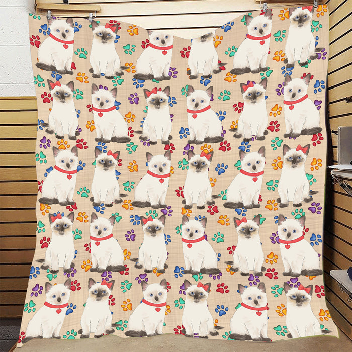 Rainbow Paw Print Siamese Cats Red Quilt