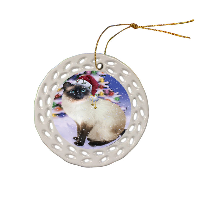 Winterland Wonderland Siamese Cat In Christmas Holiday Scenic Background Ceramic Doily Ornament DPOR53777
