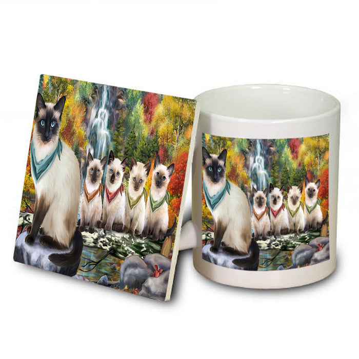 Scenic Waterfall Siamese Cats Mug and Coaster Set MUC51948