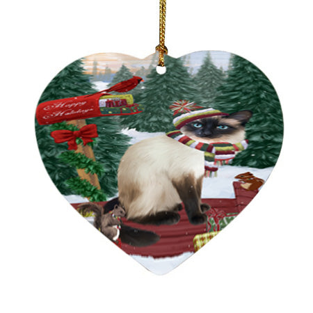 Merry Christmas Woodland Sled Siamese Cat Heart Christmas Ornament HPOR55398