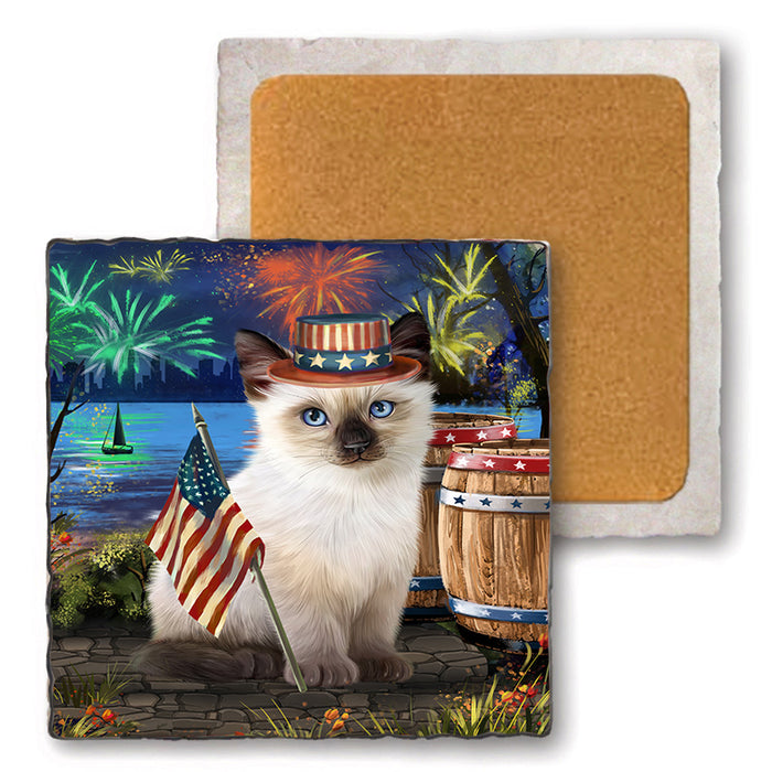 4th of July Independence Day Firework Siamese Cat Set of 4 Natural Stone Marble Tile Coasters MCST49072