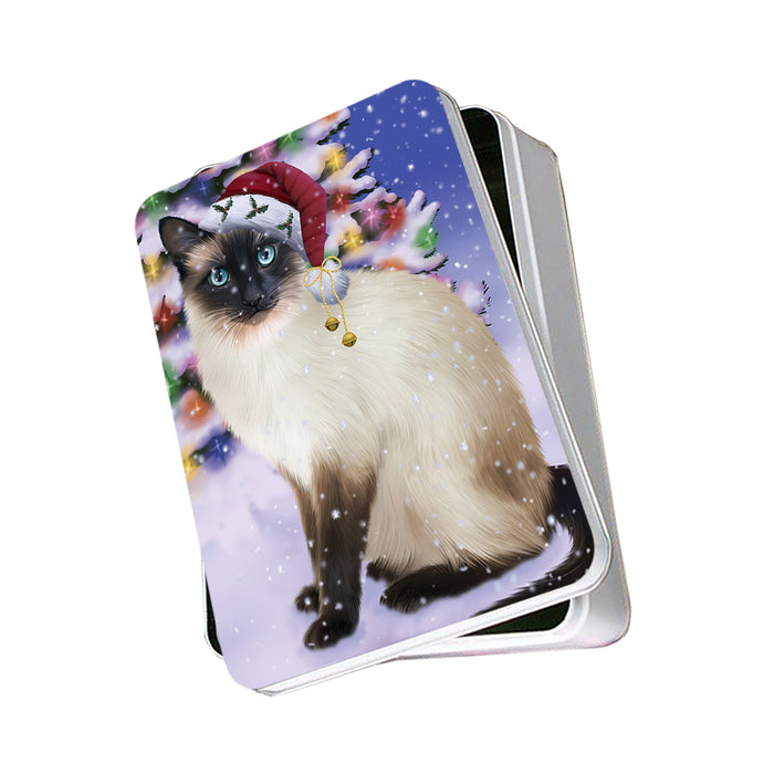 Winterland Wonderland Siamese Cat In Christmas Holiday Scenic Background Photo Storage Tin PITN53720