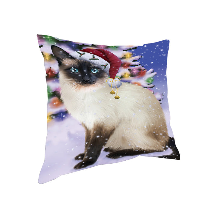 Winterland Wonderland Siamese Cat In Christmas Holiday Scenic Background Pillow PIL71732