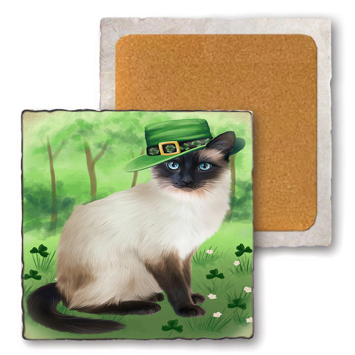 St. Patricks Day Irish Portrait Siamese Cat Set of 4 Natural Stone Marble Tile Coasters MCST52037