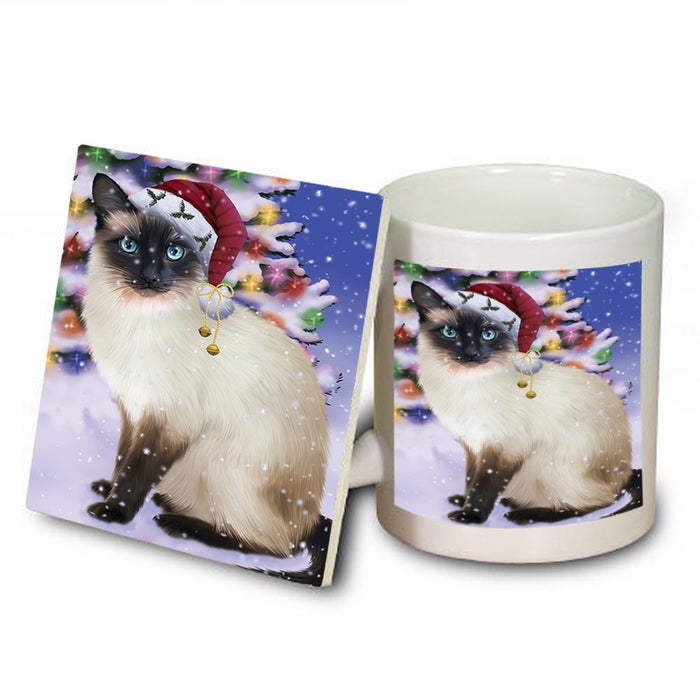 Winterland Wonderland Siamese Cat In Christmas Holiday Scenic Background Mug and Coaster Set MUC53769