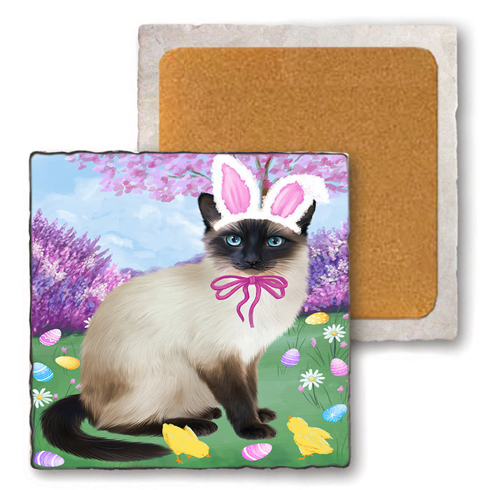 Easter Holiday Siamese Cat Set of 4 Natural Stone Marble Tile Coasters MCST51933