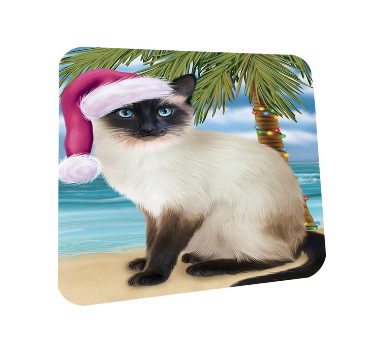 Summertime Happy Holidays Christmas Siamese Cat on Tropical Island Beach Coasters Set of 4 CST54409