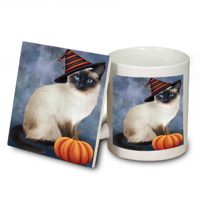 Happy Halloween Siamese Cat Wearing Witch Hat with Pumpkin Mug and Coaster Set MUC54734