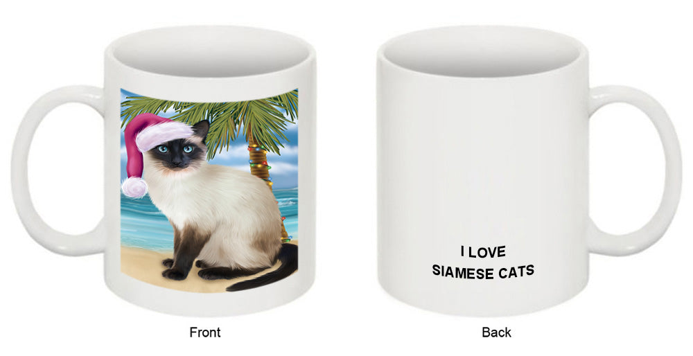 Summertime Happy Holidays Christmas Siamese Cat on Tropical Island Beach Coffee Mug MUG49849