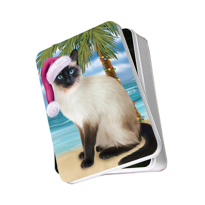 Summertime Happy Holidays Christmas Siamese Cat on Tropical Island Beach Photo Storage Tin PITN54394