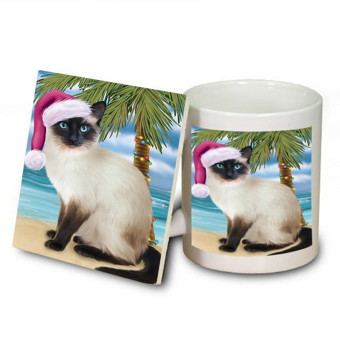 Summertime Happy Holidays Christmas Siamese Cat on Tropical Island Beach Mug and Coaster Set MUC54443