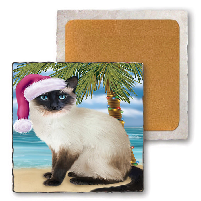 Summertime Happy Holidays Christmas Siamese Cat on Tropical Island Beach Set of 4 Natural Stone Marble Tile Coasters MCST49451