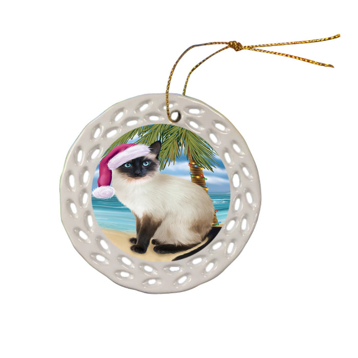 Summertime Happy Holidays Christmas Siamese Cat on Tropical Island Beach Ceramic Doily Ornament DPOR54579