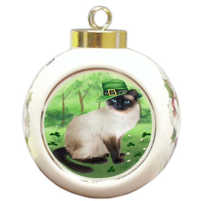 St. Patricks Day Irish Portrait Siamese Cat Round Ball Christmas Ornament RBPOR58164