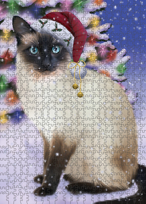 Winterland Wonderland Siamese Cat In Christmas Holiday Scenic Background Puzzle with Photo Tin PUZL82264