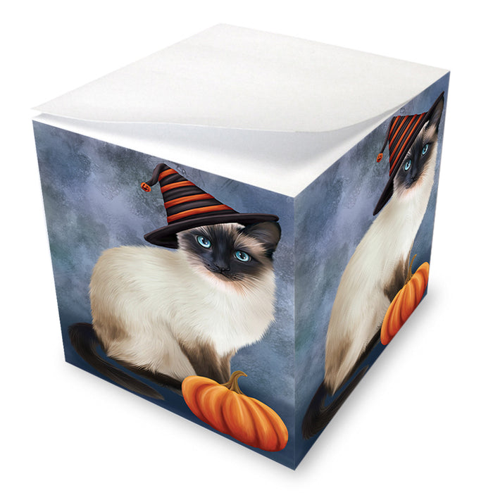 Happy Halloween Siamese Cat Wearing Witch Hat with Pumpkin Note Cube NOC56388